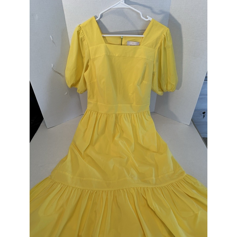 Rachel Parcel Puff Sleeve Midi Yellow Dress Ruffle Hem Women's Size Small